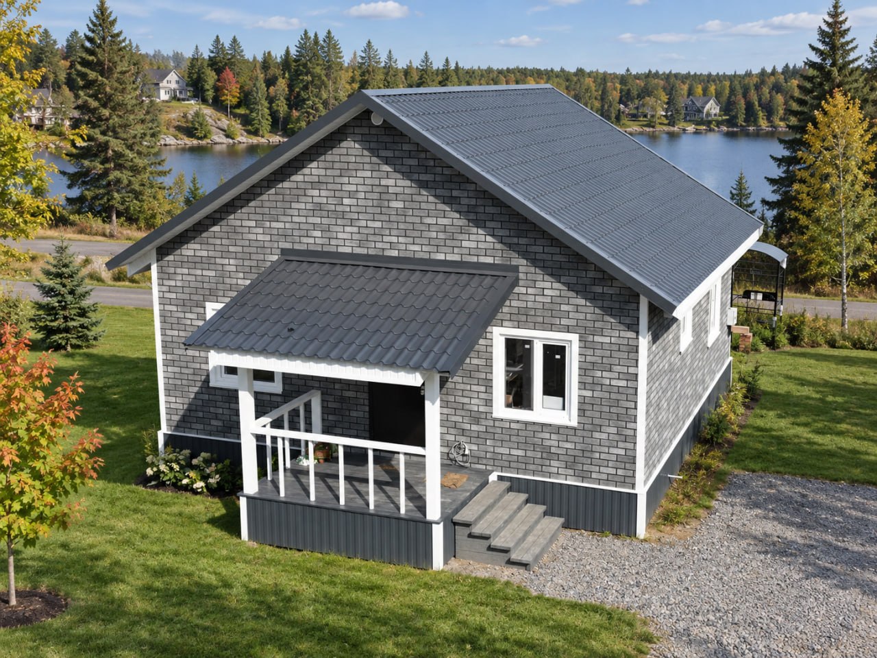 Home with metal panel roof by a lake